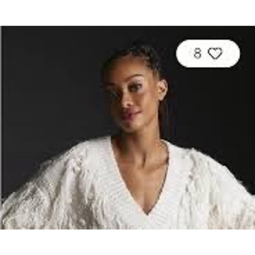 Anthropologie Fringed Pullover Sweater Oversized Ivory BOHO Shaggy Fringe Detail - Picture 2 of 13